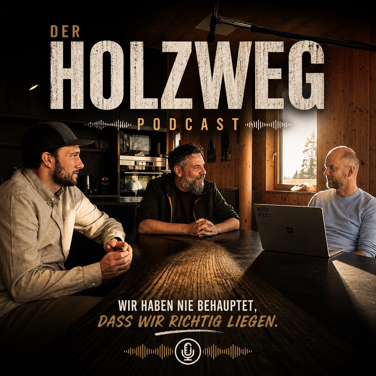 Cover des WoodRocks Podcasts Der Holzweg: drei Personen im Gespr&auml;ch an einem Holztisch, Titel &bdquo;Wir haben nie behauptet, dass wir richtig liegen.&ldquo;